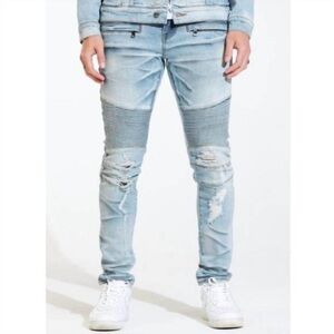 Crysp DENIM Men's Skywalker Biker Distressed Ribbed Zipper Medium Wash Slim Jean